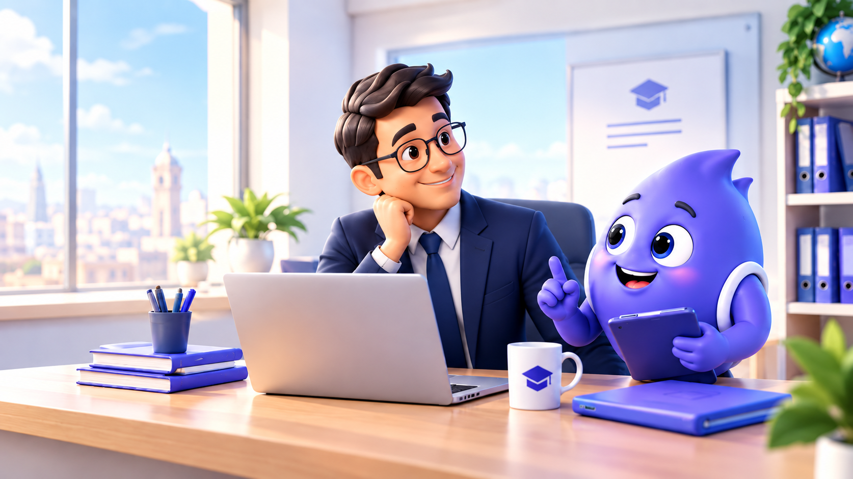 Un directeur d’école et Flow, la mascotte SchoolFlow, dans un bureau moderne